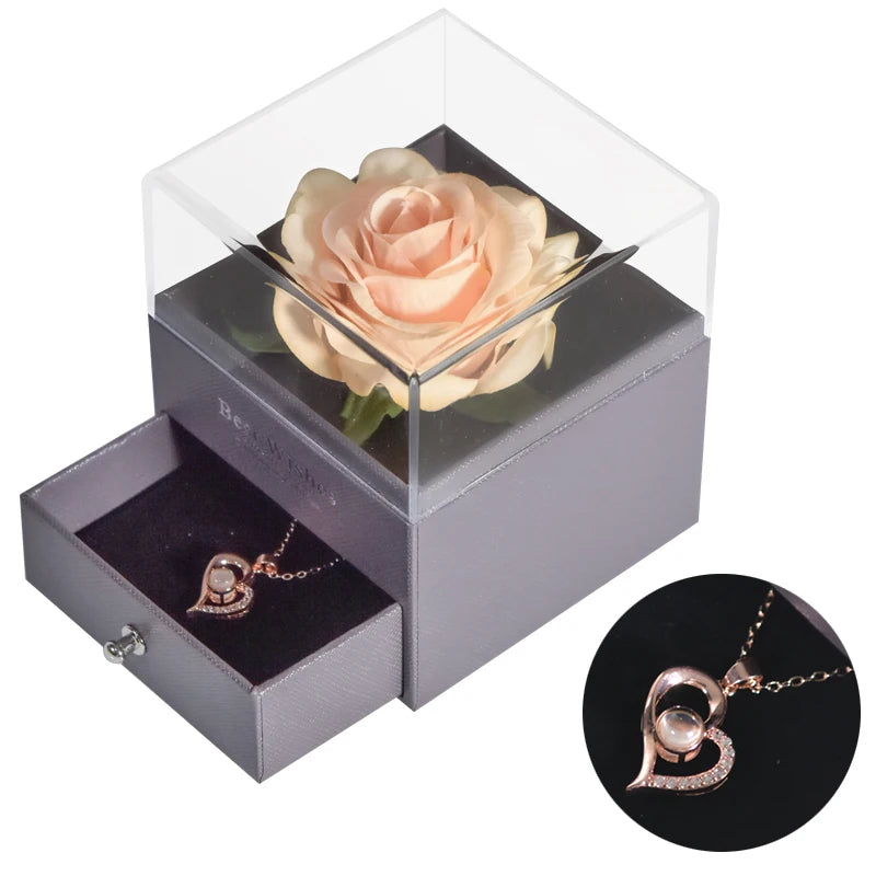 Timeless Bloom Everlasting Rose Jewelry Box 100 Languages I Love You Necklace Valentine Gift for Her