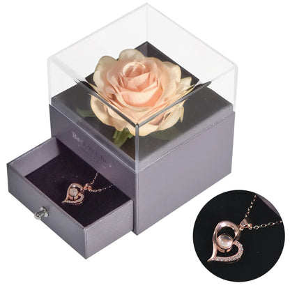 Timeless Bloom Everlasting Rose Jewelry Box 100 Languages I Love You Necklace Valentine Gift for Her