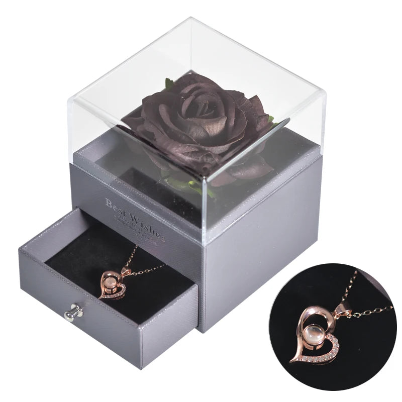 Timeless Bloom Everlasting Rose Jewelry Box 100 Languages I Love You Necklace Valentine Gift for Her