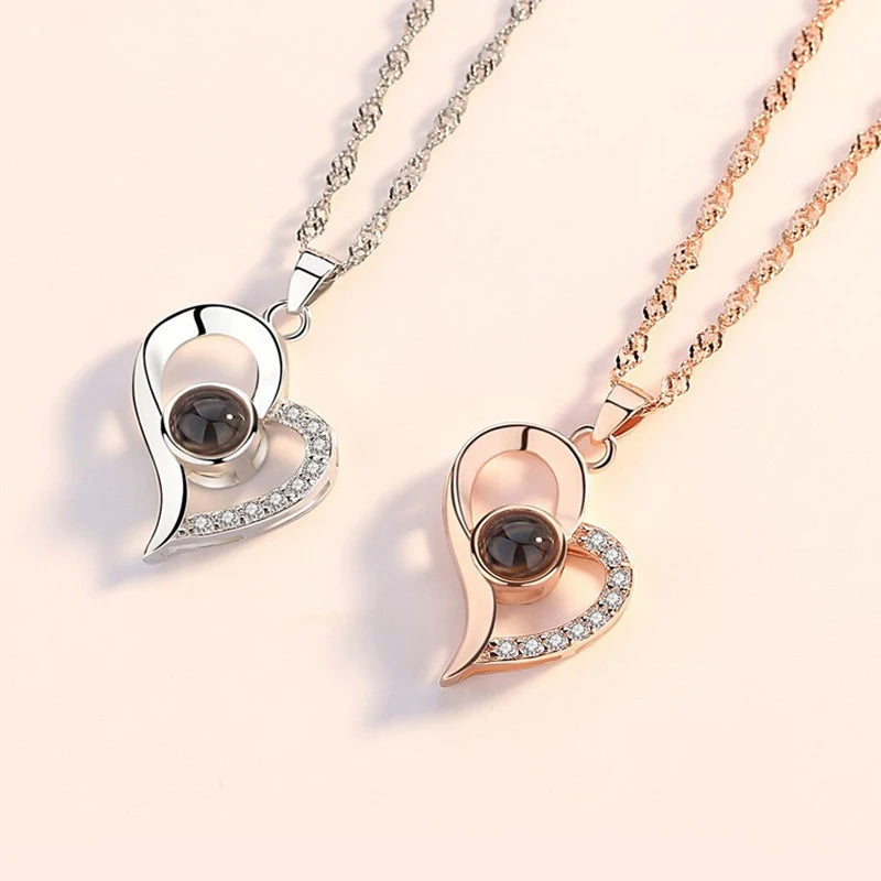 Love Heart Projection Necklace 100 Languages I Love You Pendant with Rose Gift Box for Valentines, Girlfriend, Mom, Luxury Jewelry