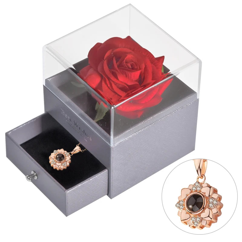 Timeless Bloom Everlasting Rose Jewelry Box 100 Languages I Love You Necklace Valentine Gift for Her