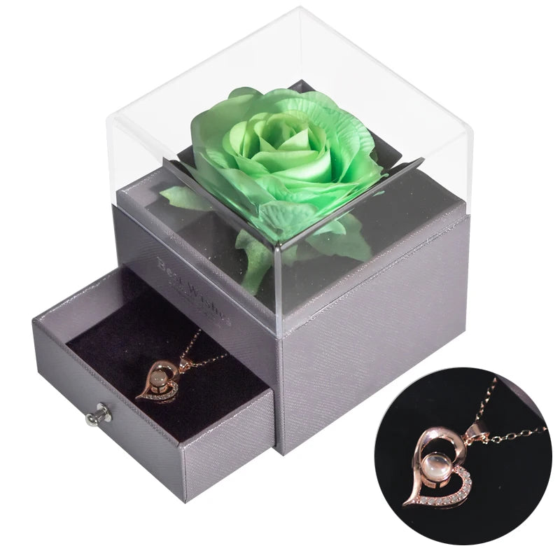 Timeless Bloom Everlasting Rose Jewelry Box 100 Languages I Love You Necklace Valentine Gift for Her