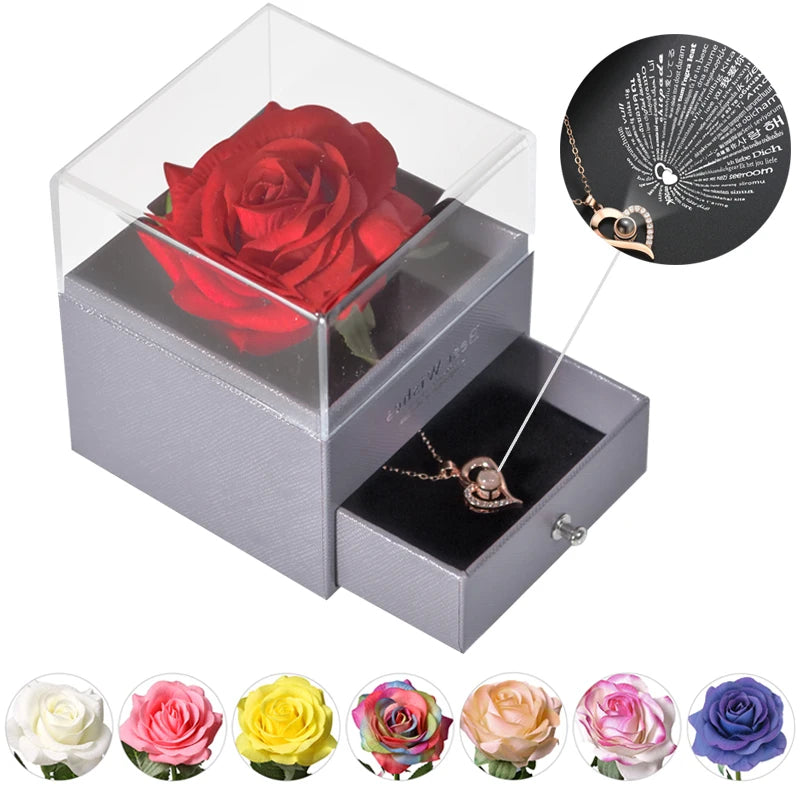 Timeless Bloom Everlasting Rose Jewelry Box 100 Languages I Love You Necklace Valentine Gift for Her