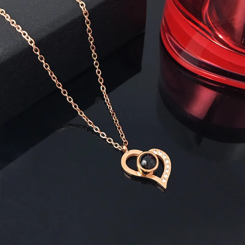 Love Heart Projection Necklace 100 Languages I Love You Pendant with Rose Gift Box for Valentines, Girlfriend, Mom, Luxury Jewelry