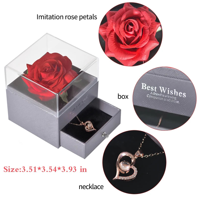 Timeless Bloom Everlasting Rose Jewelry Box 100 Languages I Love You Necklace Valentine Gift for Her