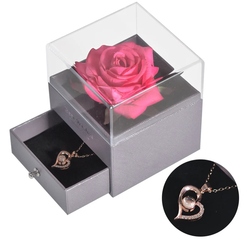 Timeless Bloom Everlasting Rose Jewelry Box 100 Languages I Love You Necklace Valentine Gift for Her