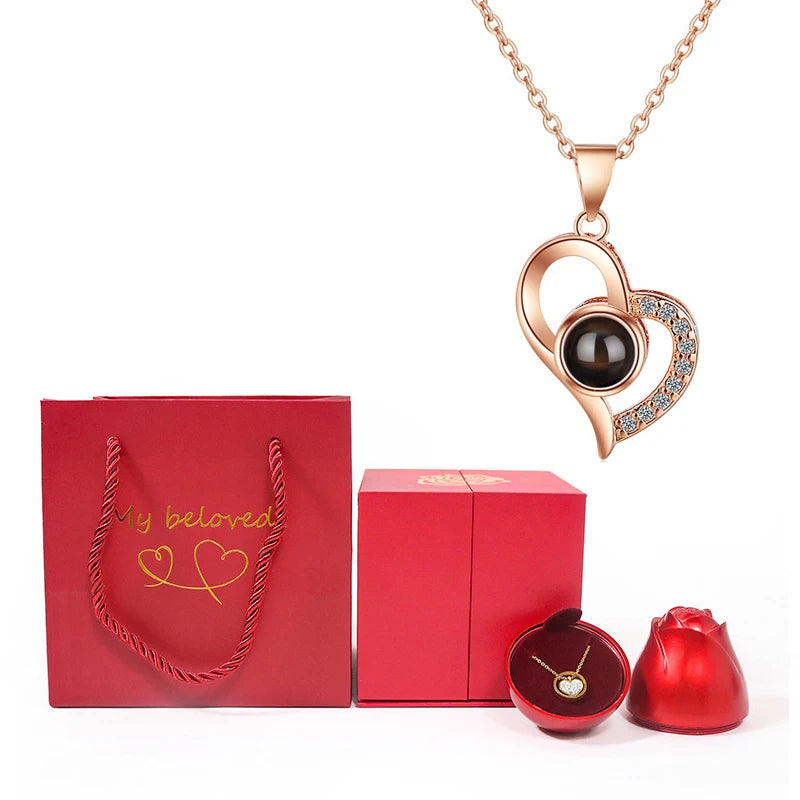 Love Heart Projection Necklace 100 Languages I Love You Pendant with Rose Gift Box for Valentines, Girlfriend, Mom, Luxury Jewelry