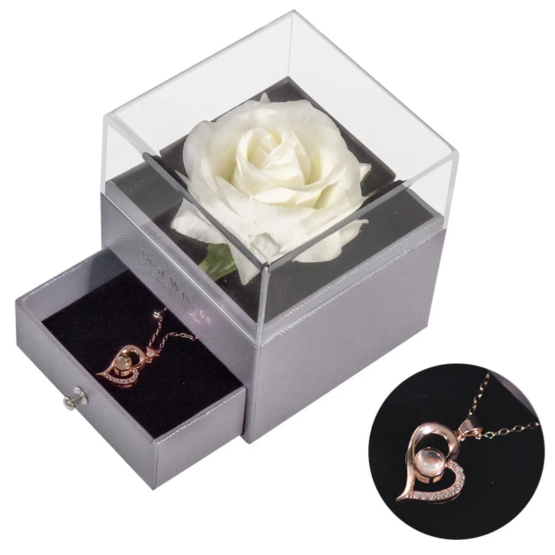 Timeless Bloom Everlasting Rose Jewelry Box 100 Languages I Love You Necklace Valentine Gift for Her