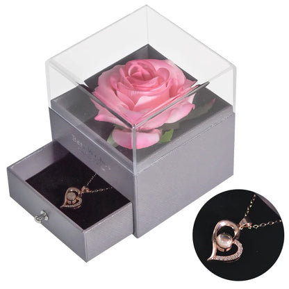 Timeless Bloom Everlasting Rose Jewelry Box 100 Languages I Love You Necklace Valentine Gift for Her