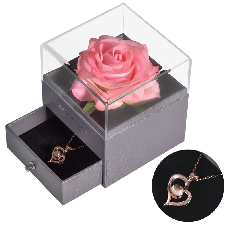 Timeless Bloom Everlasting Rose Jewelry Box 100 Languages I Love You Necklace Valentine Gift for Her