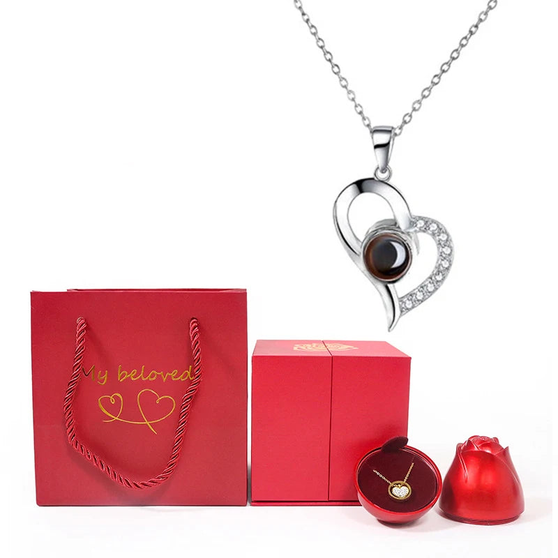 Love Heart Projection Necklace 100 Languages I Love You Pendant with Rose Gift Box for Valentines, Girlfriend, Mom, Luxury Jewelry