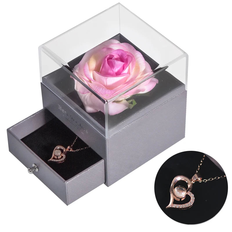 Timeless Bloom Everlasting Rose Jewelry Box 100 Languages I Love You Necklace Valentine Gift for Her