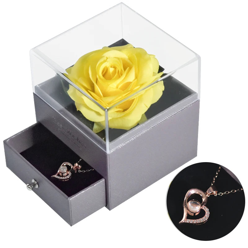 Timeless Bloom Everlasting Rose Jewelry Box 100 Languages I Love You Necklace Valentine Gift for Her