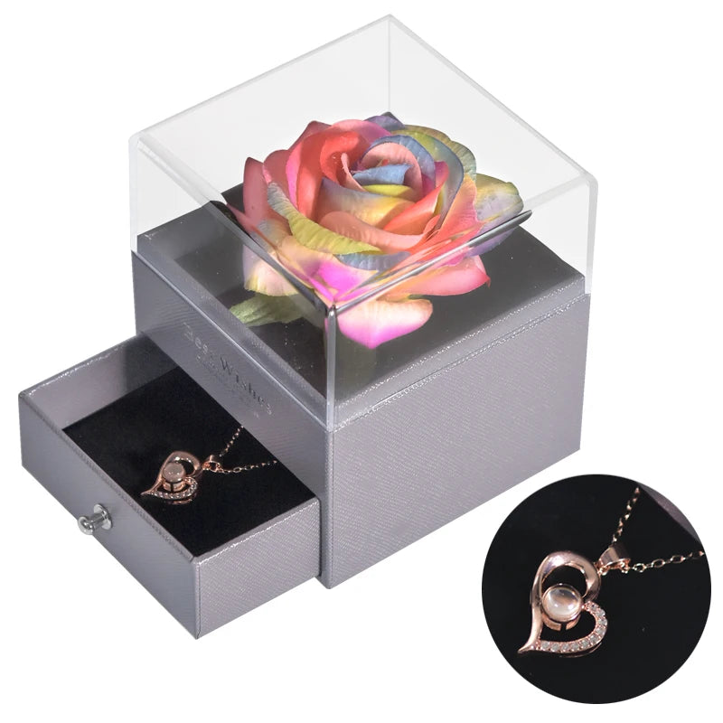 Timeless Bloom Everlasting Rose Jewelry Box 100 Languages I Love You Necklace Valentine Gift for Her