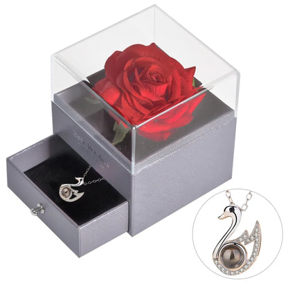 Timeless Bloom Everlasting Rose Jewelry Box 100 Languages I Love You Necklace Valentine Gift for Her