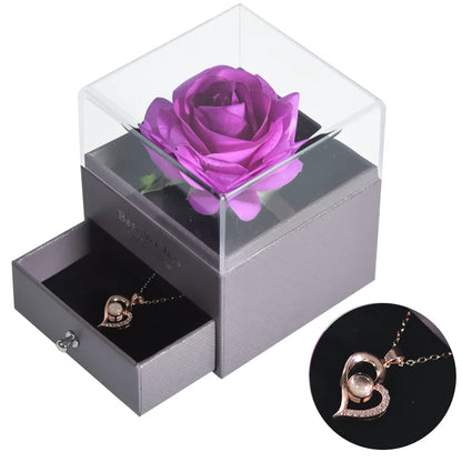 Timeless Bloom Everlasting Rose Jewelry Box 100 Languages I Love You Necklace Valentine Gift for Her